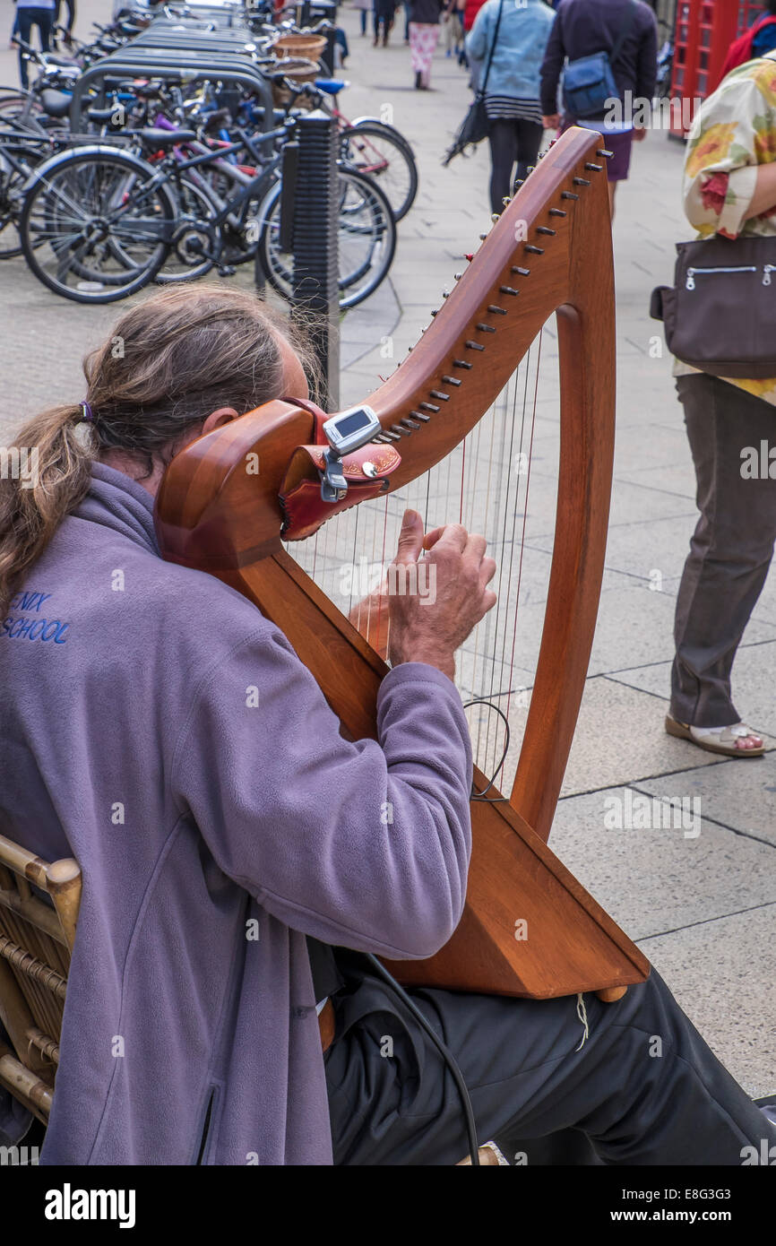 Musicien ambulant jouant harpe irlandaise Cambridge Cambridgeshire Angleterre Royaume-uni 2014 Banque D'Images