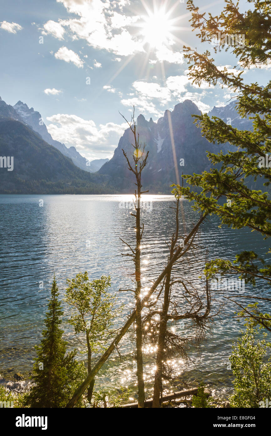 Vue sur le Grand Teton Mountains le lac avec beaucoup de fumée d'un incendie de forêt près de par Banque D'Images