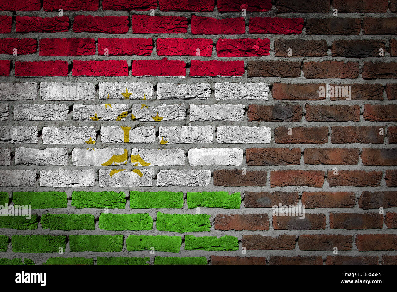 Très vieux mur en brique rouge foncé texture avec drapeau - Tadjikistan Banque D'Images