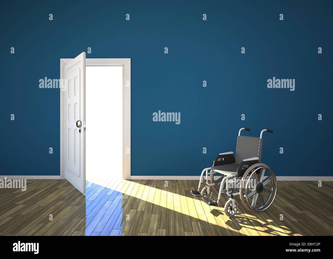 Fauteuil roulant et la lumière du soleil qui brillait à travers la porte ouverte, 3D Rendering Banque D'Images