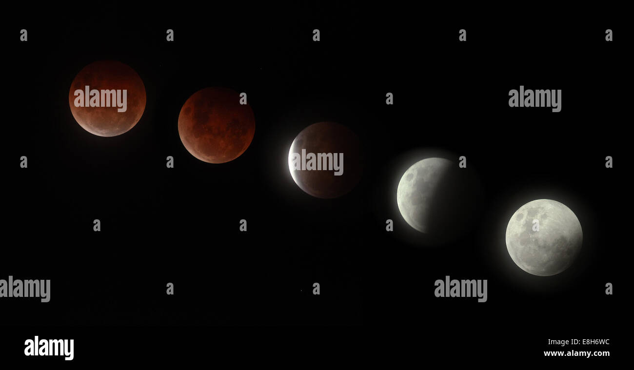 Nelson, Nouvelle-Zélande. 8 octobre, 2014. Photographie composite montrant la transition de la pleine lune à lune en éclipse ou 'Blood Moon', comme vu de Nelson, île du Sud, Nouvelle-Zélande Crédit : Tim Brassard/Alamy Live News Banque D'Images