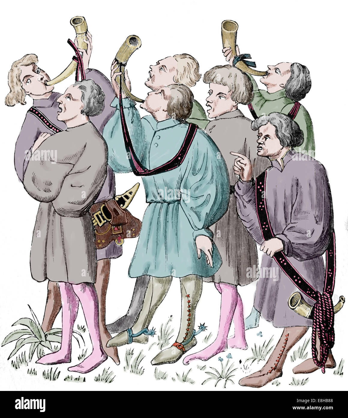 Comment crier et souffler de cornes. Facsimil. Le manuscrit de manuel de la chasse de Gaston Phoebus (15e siècle). Gravure.Couleur. Banque D'Images