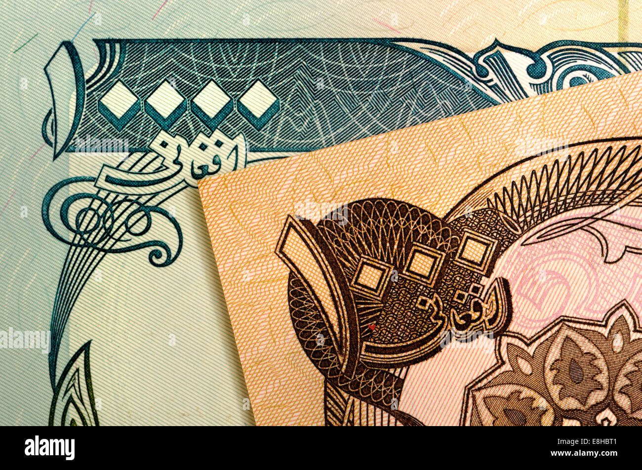 Détail de l'Afghanistan billets montrant chiffres 1000 et 10000 dans l'Est de l'arabe ou l'Hindi 'chiffres' Banque D'Images