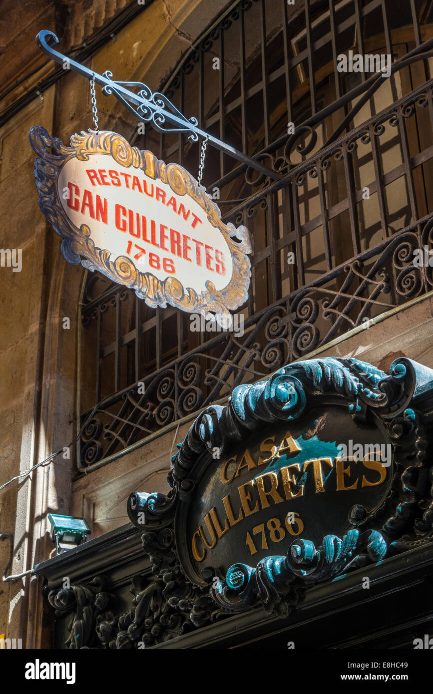 Pouvez Culleretes restaurant sign, le deuxième plus ancien restaurant en Espagne, Barcelone, Catalogne, Espagne Banque D'Images