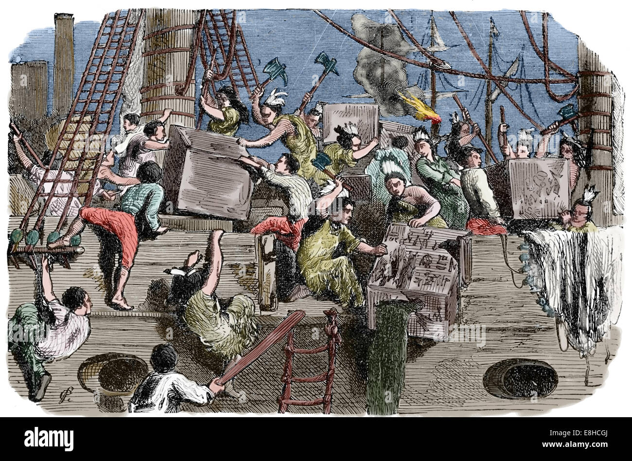 Boston Tea Party. La protestation politique par les fils de la liberté à Boston. 16 Décembre, 1773. La gravure. Plus tard la couleur. Banque D'Images
