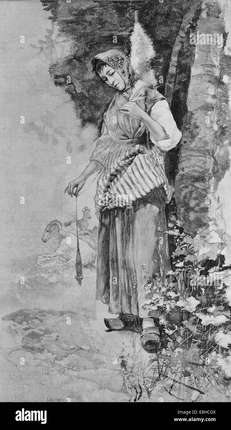 Spinner avec broche et fuseau. Dessin de J. Marques. Gravure de Celesti Sadurni (1830-1896). Banque D'Images