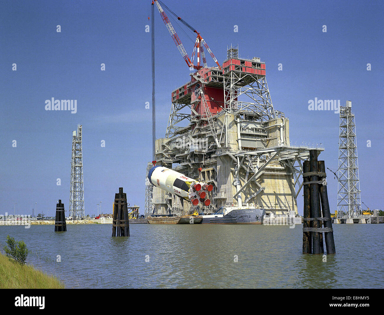 Saturn Apollo S-IC Stade Fusée sur banc d'essai, Banque D'Images