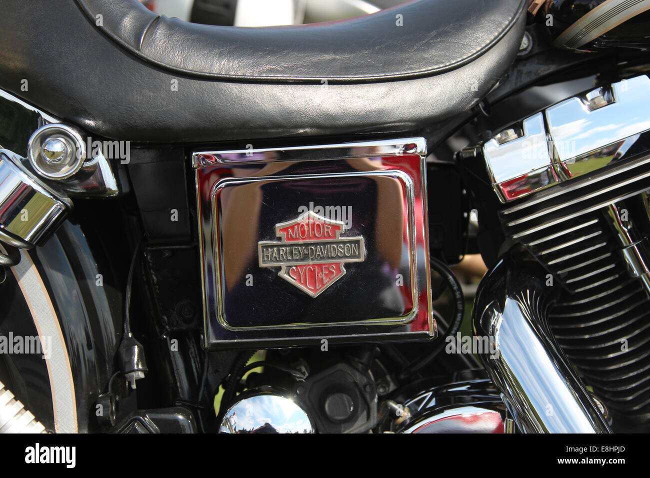 Plaque métallique sur une moto Harley Davidson Banque D'Images