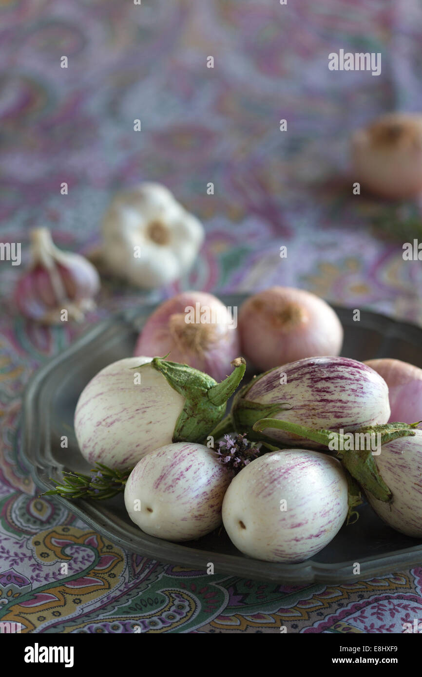 Aubergines violet blanc avec fines rayures, l'oignon et l'ail violet nappe floral contre Banque D'Images