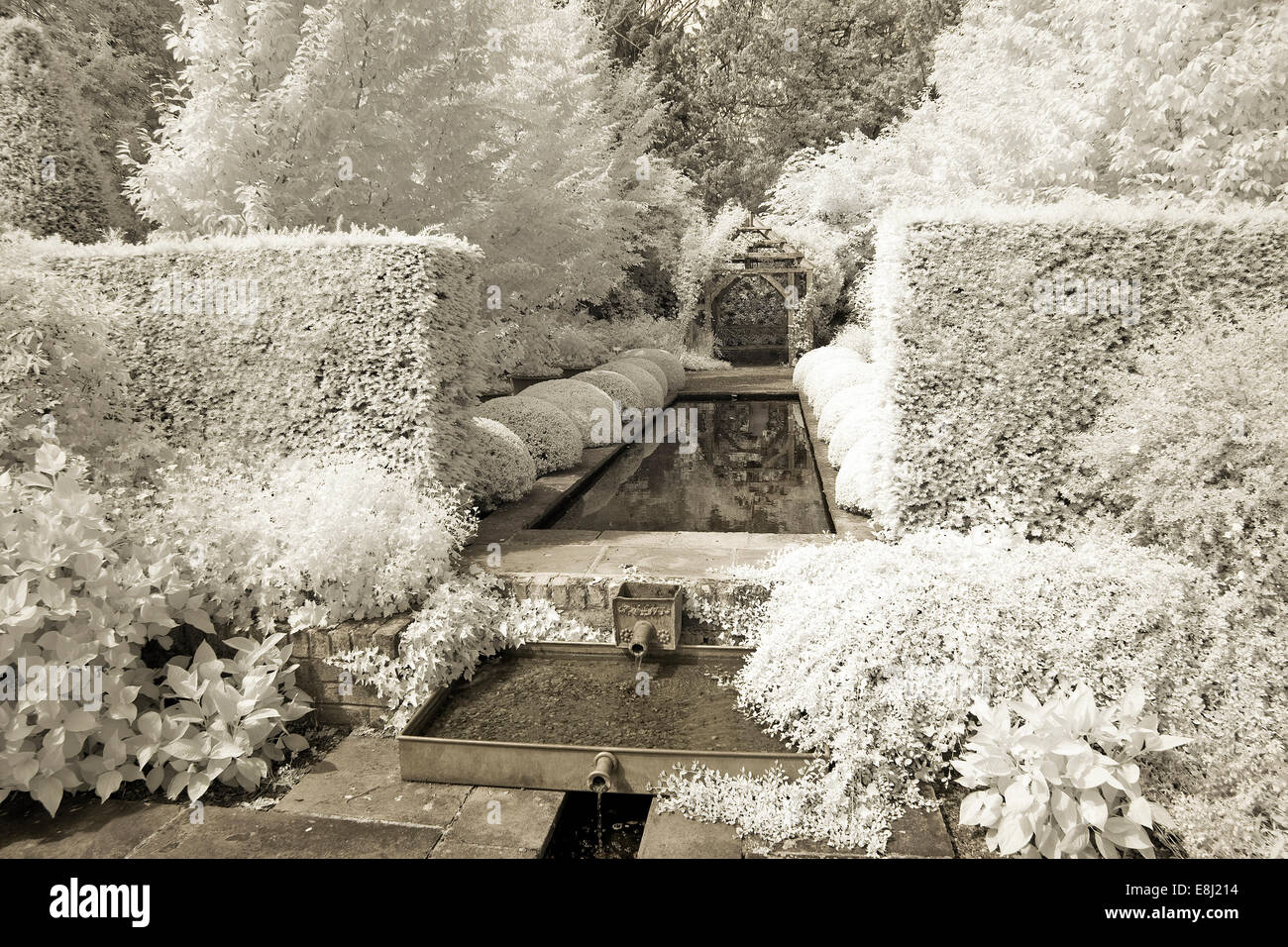 Photographie infrarouge d'un jardin anglais classique, de grands arbres et de haies de jardin en rigoles à Wollerton Old Hall (END) Drayt Marché Banque D'Images