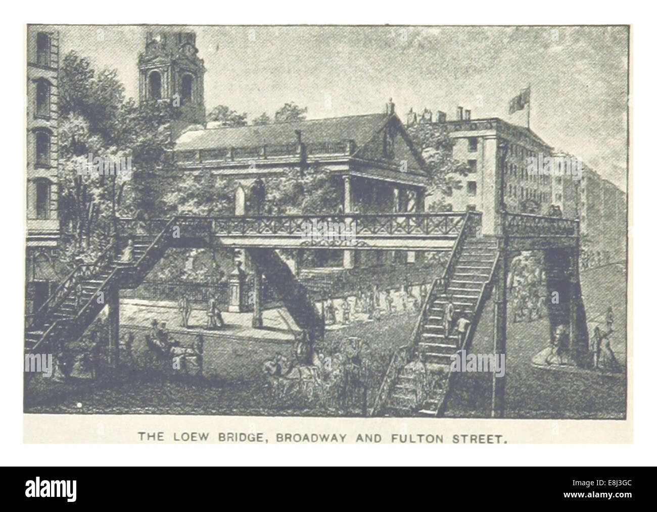 Cette illustration de 1893 du Loew Bridge à Broadway et Fulton Street à New York saisit son importance en tant que lien de transport et caractéristique architecturale de l'infrastructure de la ville. Banque D'Images