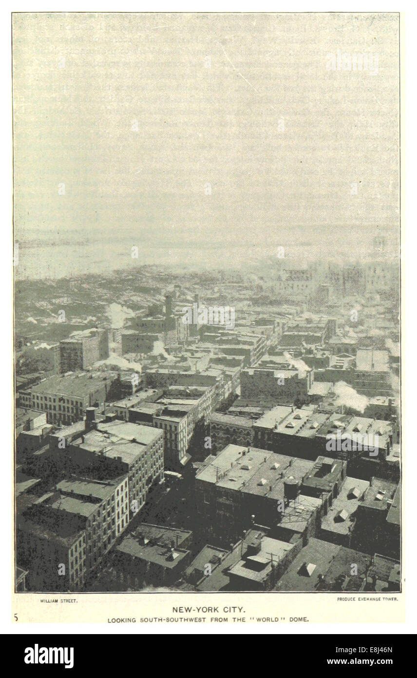 Cette illustration panoramique de 1893 du World-Dome offre une vue sud-sud-ouest de New York, capturant la ligne d'horizon et l'aménagement de la ville à la fin du XIXe siècle. Banque D'Images
