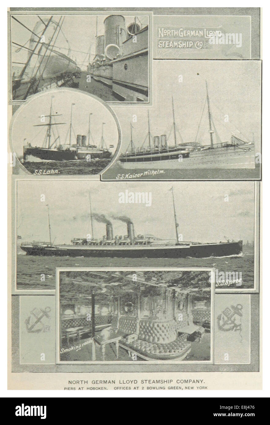 Illustration des quais de la North German Lloyd Steamship Company à Hoboken et des bureaux au 2 Bowling Green, New York, à partir de 1893, détaillant son rôle dans la navigation transatlantique. Banque D'Images