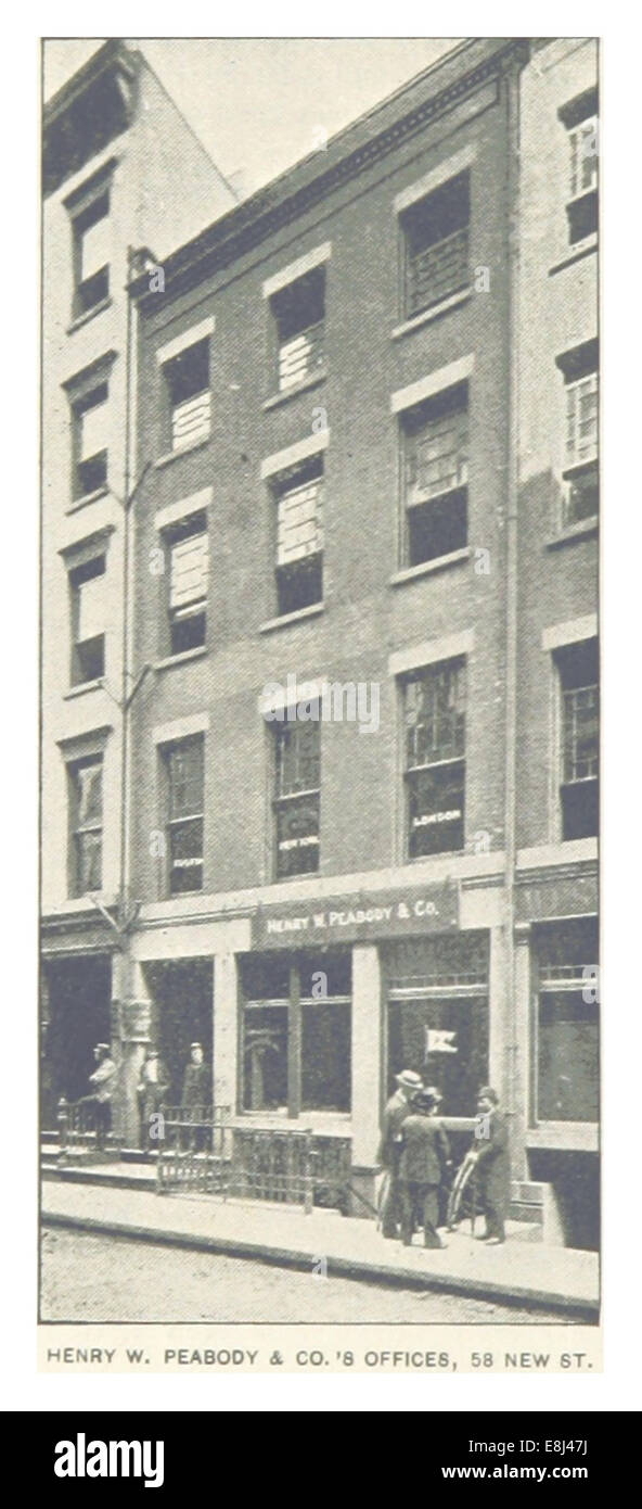 Une illustration de 1893 de l’œuvre de King montrant les bureaux de Henry W. Peabody & Co. au 58 New Street, New York City. L'image met en valeur le bâtiment commercial, reflétant le style architectural et les pratiques commerciales de la fin du XIXe siècle. Banque D'Images
