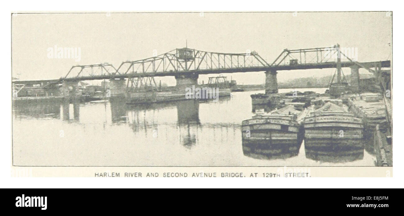 Cette illustration de 1893 montre la rivière Harlem et le pont de la deuxième Avenue à la 129e rue, mettant en valeur le développement urbain et l'infrastructure de la ville de New York à la fin du XIXe siècle. Banque D'Images