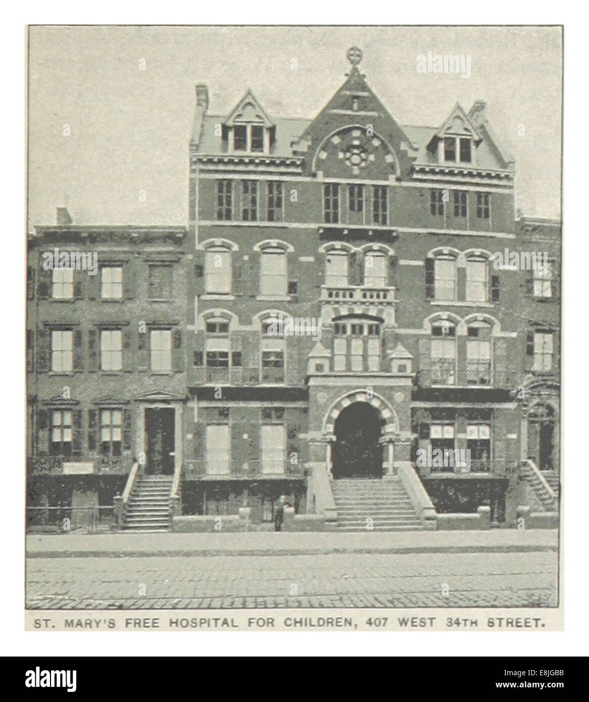 Cette illustration de 1893, tirée de la publication King’s New York City, représente le Mary’s Free Hospital for Children, situé au 407 West 34th Street à New York. L'hôpital était dédié à la prise en charge des enfants défavorisés à la fin du XIXe siècle. Banque D'Images