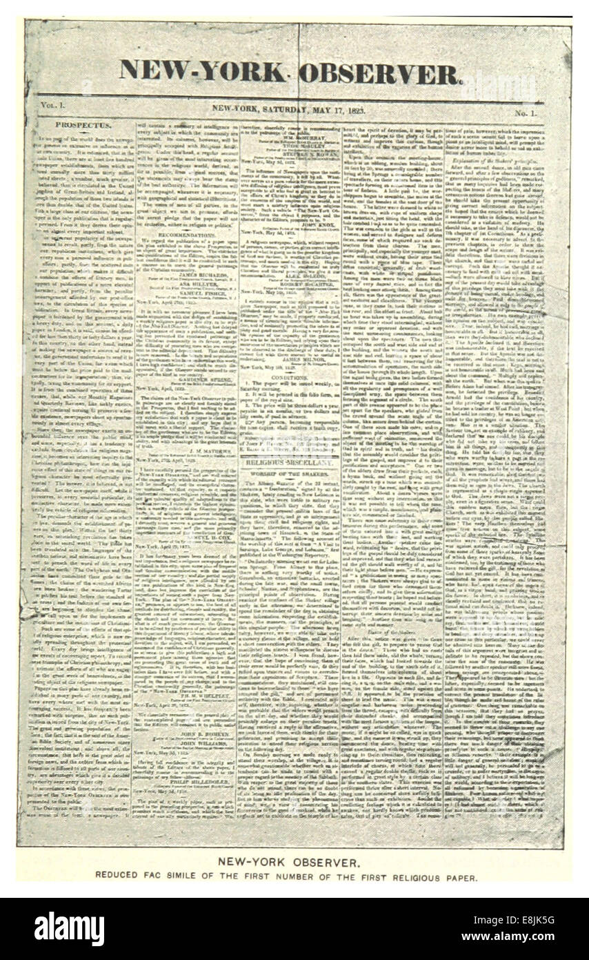 Page 635 tirée de la publication de King en 1893, qui présente un fac-similé de la première édition de *New-York observer*, une publication religieuse clé du XIXe siècle, mettant en valeur son influence précoce sur les médias religieux. Banque D'Images