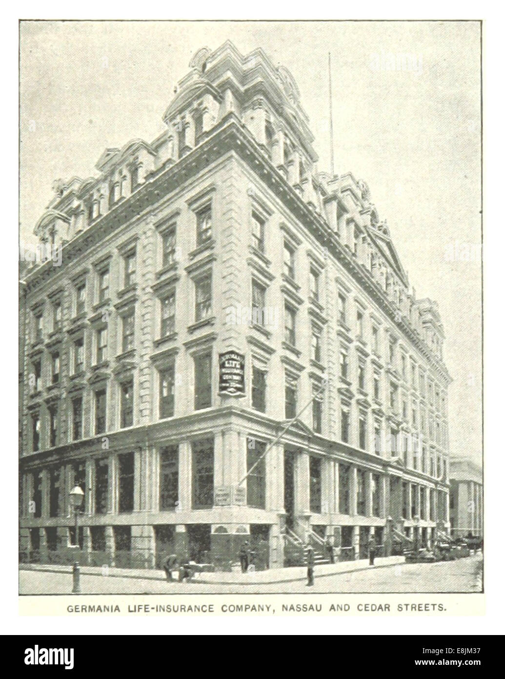Une carte vintage et une illustration de l’édition 1893 de King’s New York City (p. 679), mettant en vedette la Germania Life-Insurance Company située à Nassau et Cedar Streets, mettant en évidence le quartier architectural et commercial. Banque D'Images