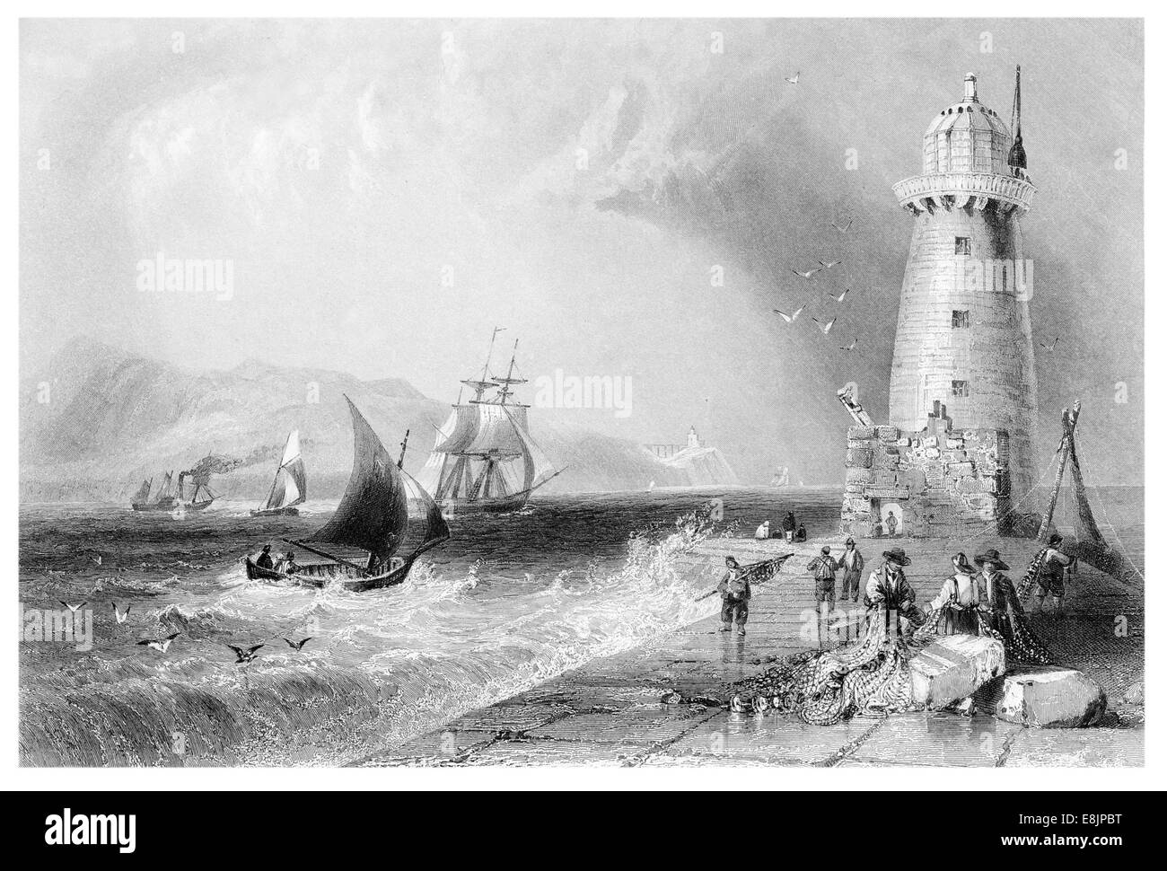 Mur sud Light House avec Éadair Éadar Howth Binn's peak hill à distance Dublin, Irlande 1840 Environ Banque D'Images