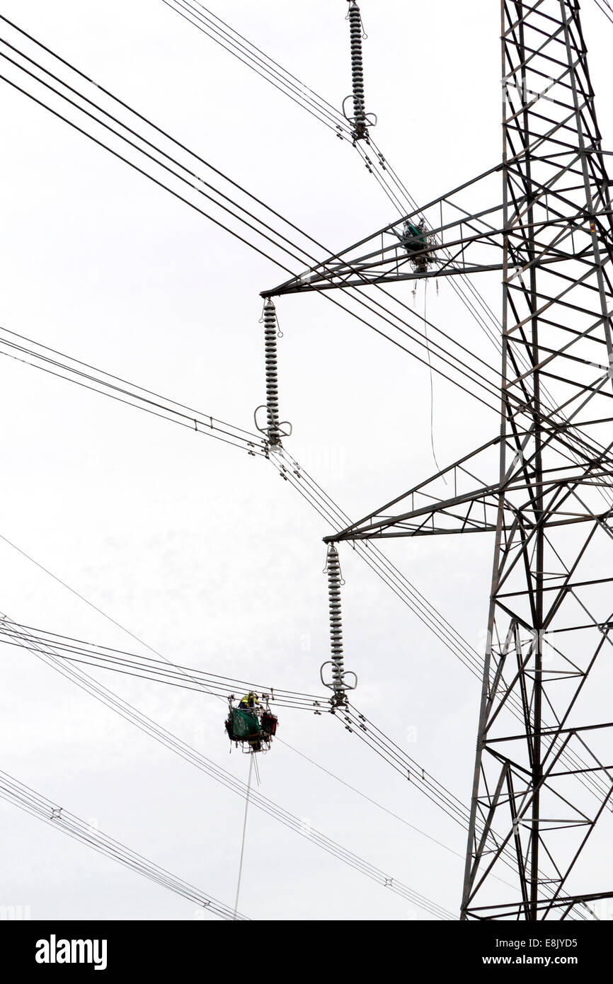 Travaux de maintenance sur l'électricité à haute tension câbles de la centrale nucléaire de Sizewell à jusqu'à un pylône, Suffolk, Angleterre Banque D'Images Travaux de maintenance sur l'électricité à haute tension câbles de la centrale nucléaire de Sizewell à jusqu'à un pylône, Suffolk, Angleterre Banque D'Images
