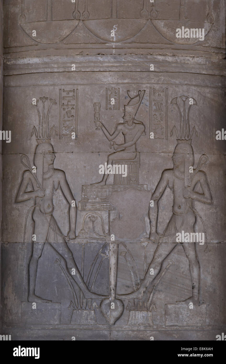 L'art égyptien Dendérah. Temple d'Hathor. Relief montrant le dieu Hapi avec de l'eau lily et de papyrus pour rejoindre la Haute et de la Basse-Égypte. Banque D'Images