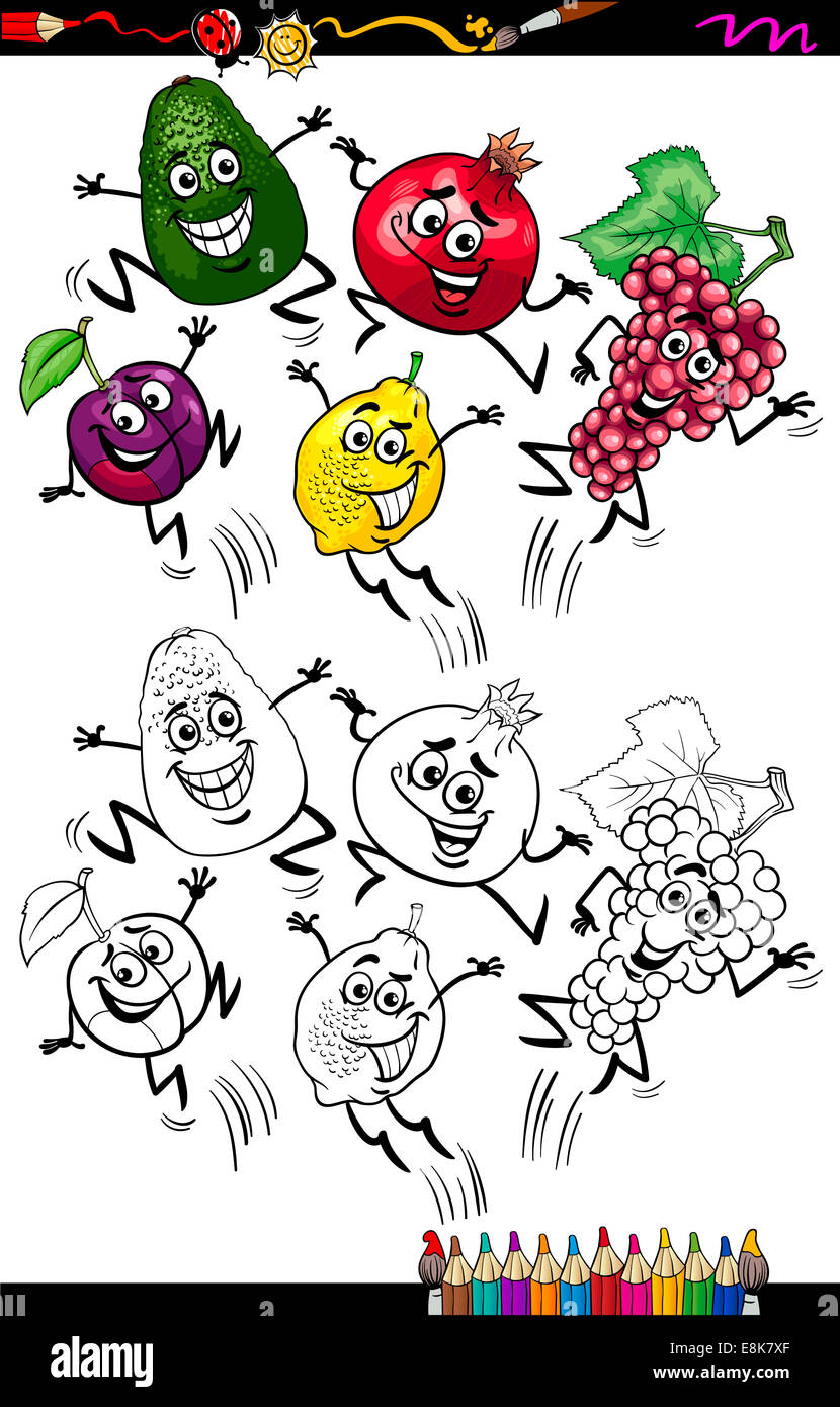 Livre de coloriage ou une page de bande dessinée de vulgarisation du noir et blanc saut drôle jeu de fruits pour les enfants Banque D'Images
