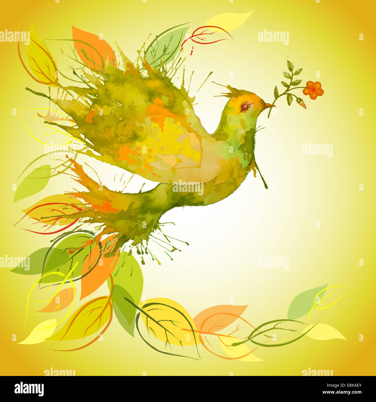 Colombe Verte Avec Fleur Branche Et Les Feuilles Dautomne