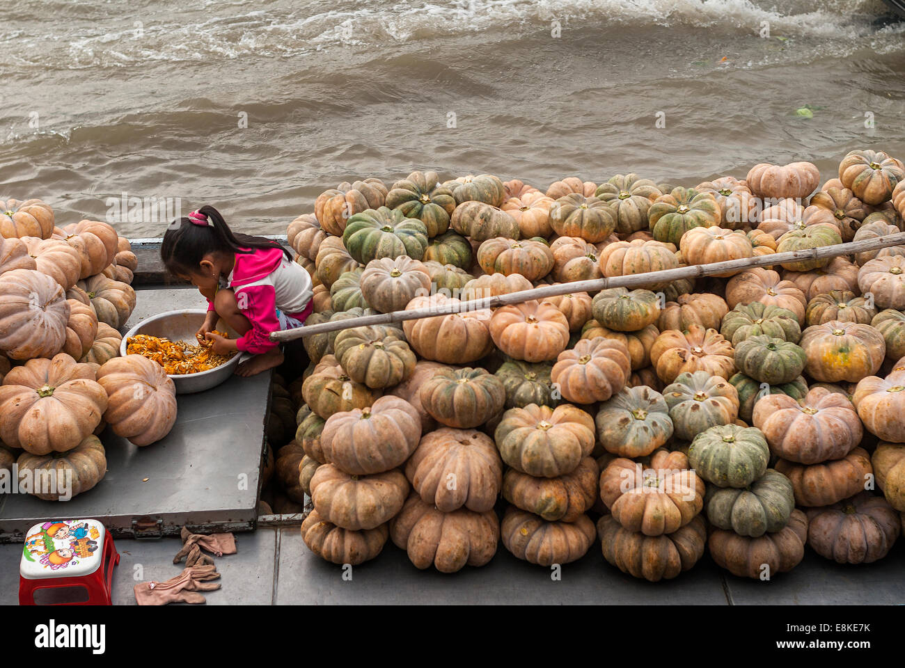 Assis parmi un tas de citrouilles sur barge de ses parents, une jeune fille coupe citrouille. Banque D'Images