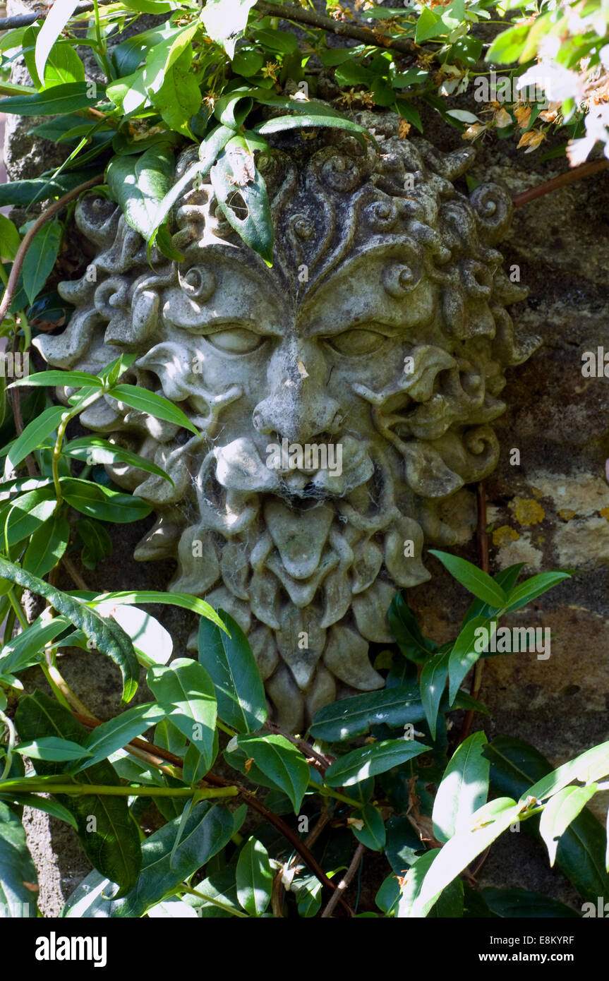 Un homme vert argile sculpture de gargouille sur mur de pierres sèches entourées de feuillage de verdure climber Banque D'Images