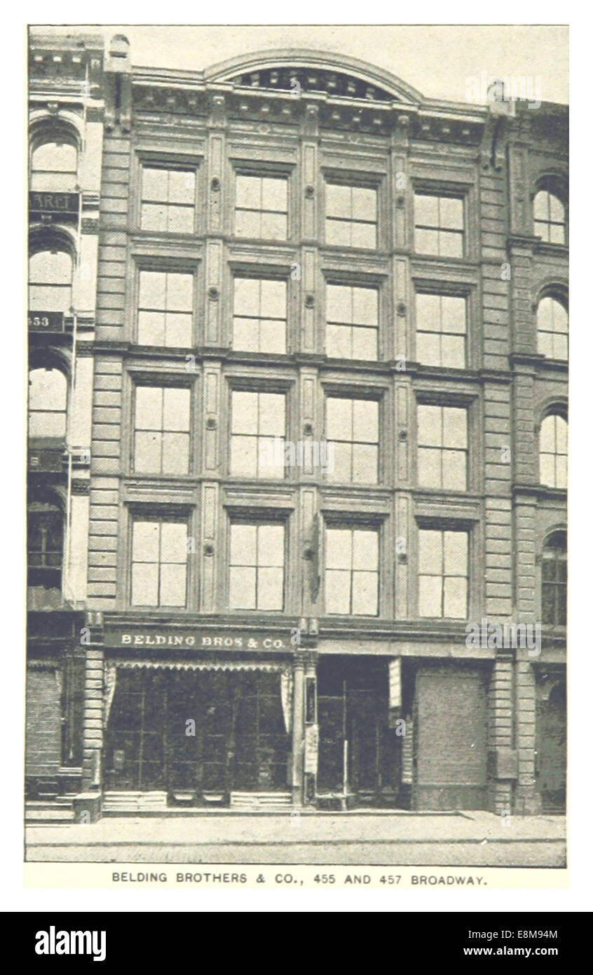 Une illustration de l’édition 1893 du guide King’s New York City, montrant Belding Brothers & Co. aux 455 et 457 Broadway. Le dessin offre un aperçu des affaires et de l'activité commerciale de New York de la fin du XIXe siècle. Banque D'Images