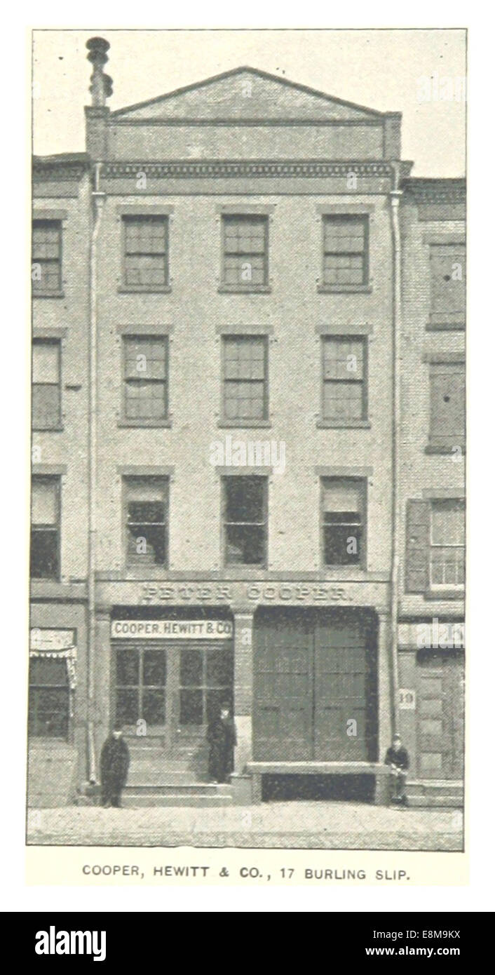 Une illustration vintage de 1893 et une carte de l’édition New-yorkaise de King, représentant le bureau de Cooper, Hewitt & Co à New York avec ses caractéristiques architecturales. Banque D'Images