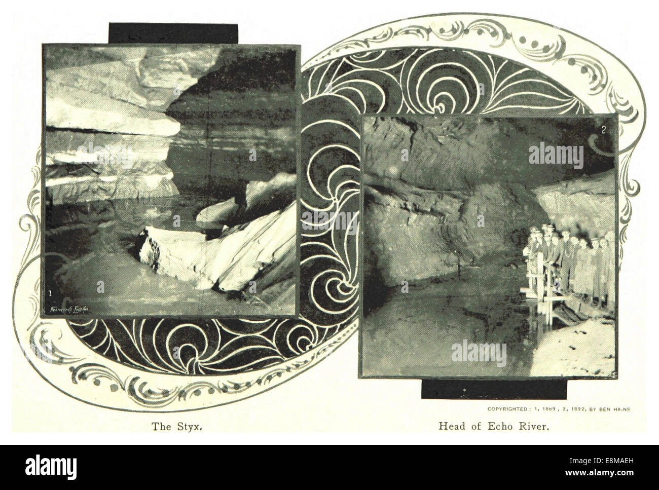 Cette illustration montre la tête de la rivière Echo au Styx, offrant un aperçu du paysage naturel et des caractéristiques de la rivière, dessiné dans un style vintage. Banque D'Images