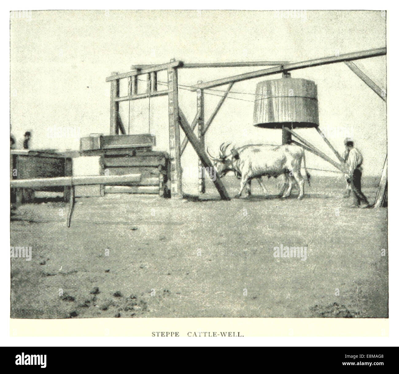 Une illustration de 1891 montrant un puits de bétail de steppe en Russie, représentant la vie rurale et les pratiques agricoles dans la steppe russe. Banque D'Images