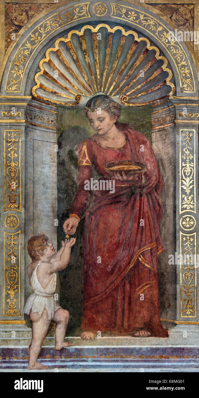 Padoue, Italie - septembre 8, 2014 : la fresque de l'amour cardinal dans virute chapelle Santa Maria della Carita par Dosso Dossi Banque D'Images