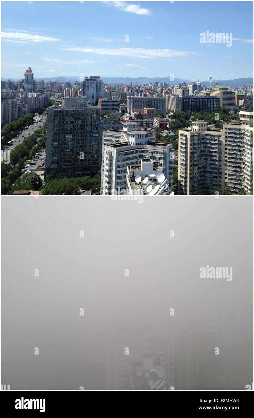 Beijing, Chine. Oct 11, 2014. Photo prise Combo au même endroit montre la scène en plein air séparément le 24 août (en haut) et 11 octobre (en bas) à Beijing, capitale de la Chine. Credit : Feng Bing/Xinhua/Alamy Live News Banque D'Images