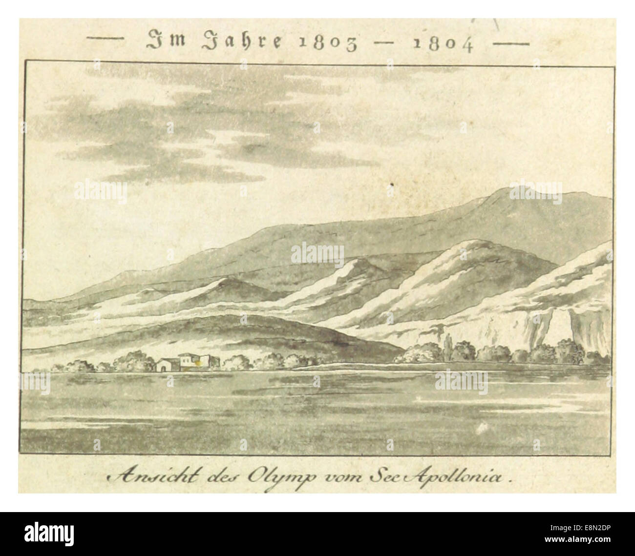 Une illustration de l'œuvre de Bartholdy représentant la vue du mont Olympe depuis le lac Apollonia, fournissant une représentation vintage du paysage. Banque D'Images