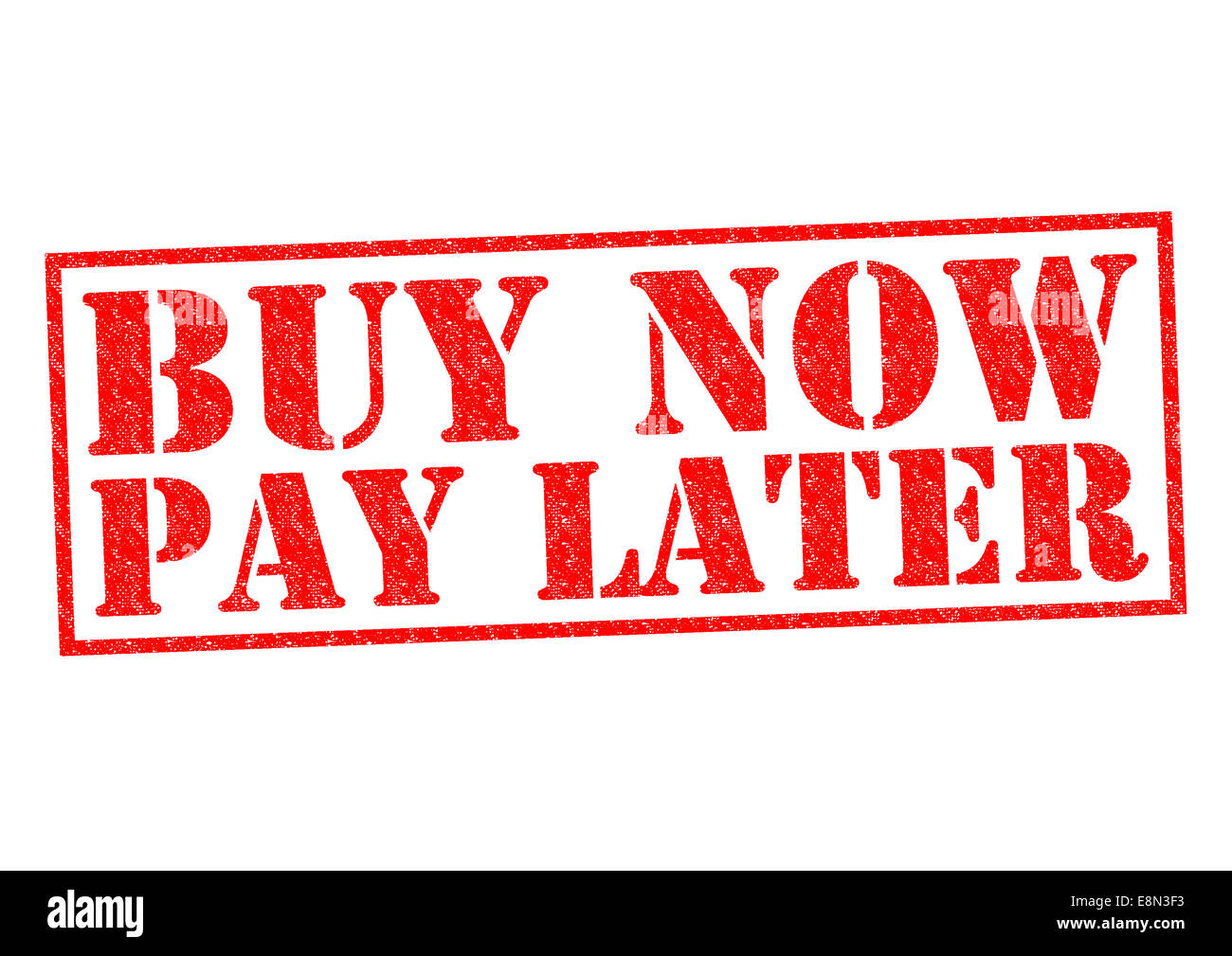 Achetez MAINTENANT, PAYEZ PLUS TARD de tampon en caoutchouc rouge sur un fond blanc. Banque D'Images