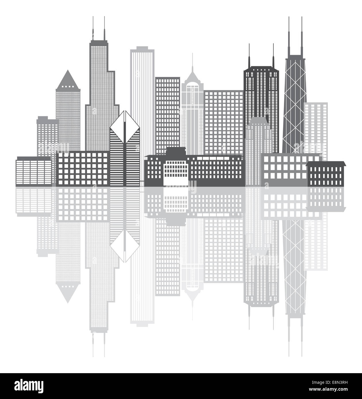 Chicago Illinois City Skyline Panorama Silhouette Contour gris avec réflexion isolé sur fond blanc Illustration Banque D'Images