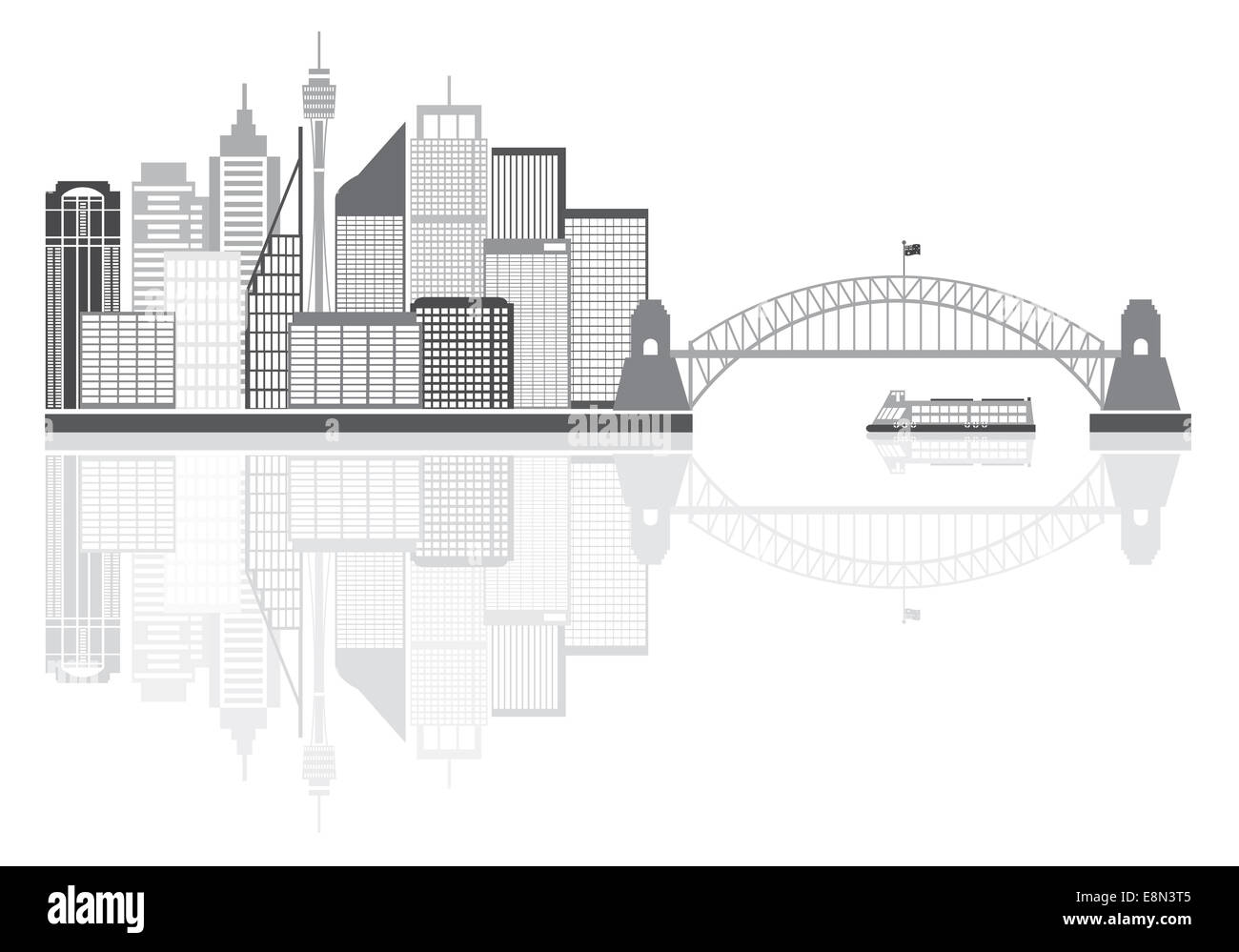 Australie Sydney Harbour Bridge Repères Skyline gris avec reflet isolé sur fond blanc Illustration Banque D'Images