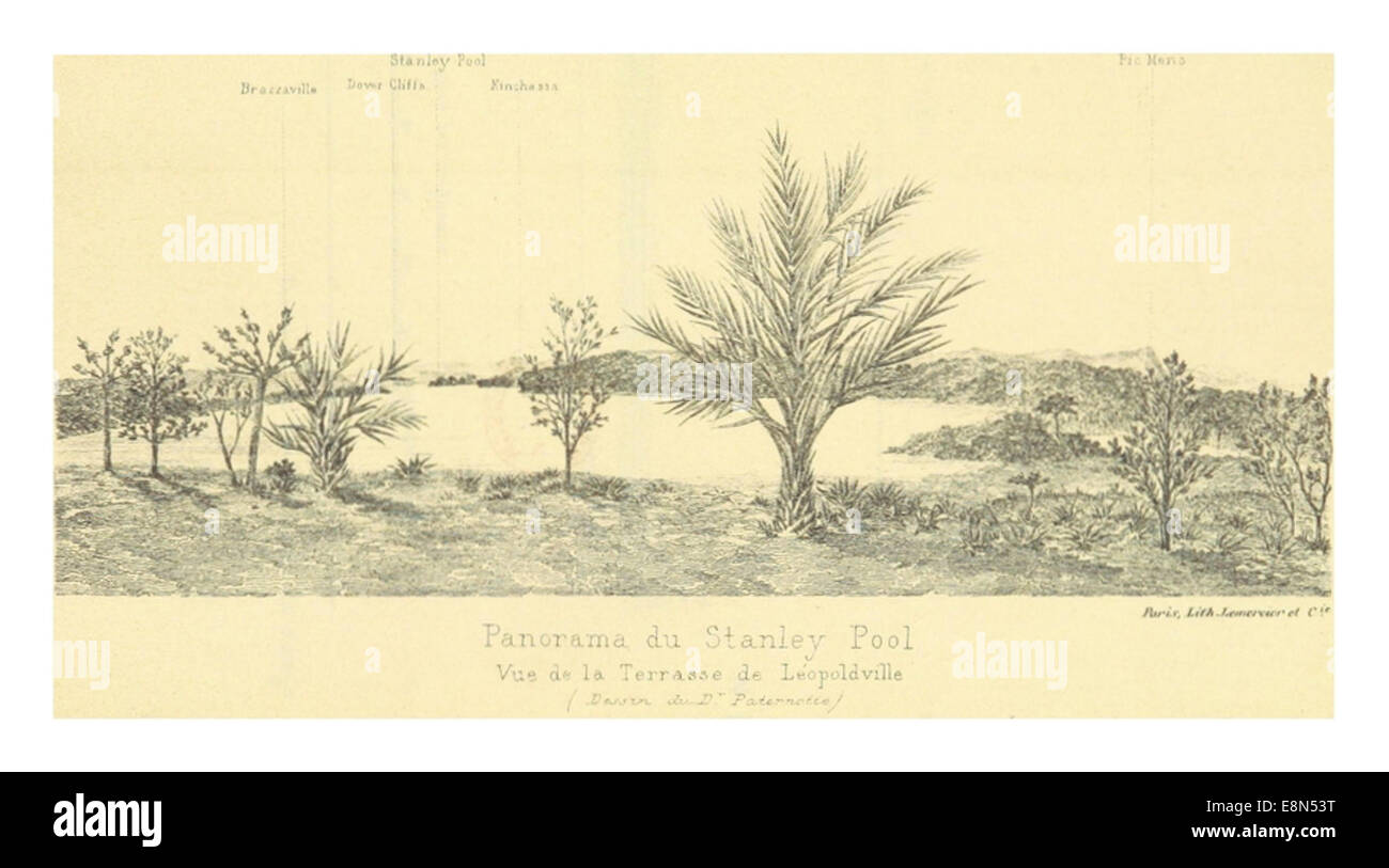 Ce panorama de 1889 réalisé par Dupont représente la piscine Stanley, une caractéristique géographique importante en Afrique centrale, mettant en valeur la beauté naturelle et l'importance géographique de la région. Banque D'Images