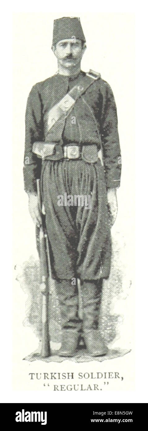 Cette illustration de 1895 représente un soldat régulier turc, présentant l'uniforme militaire et l'équipement typique des forces armées de l'Empire ottoman à la fin du XIXe siècle. Banque D'Images