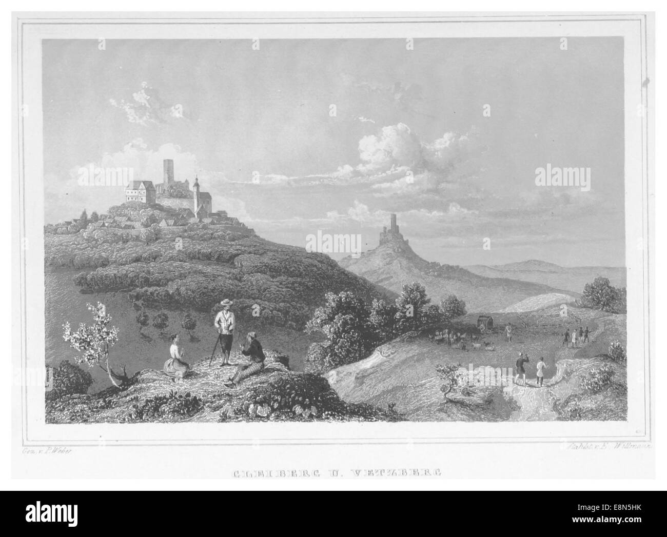 Une illustration de P. Weber représentant les villes de Gleiberg et Vetzberg près de Giessen, Allemagne. L'œuvre met en valeur le paysage et les caractéristiques architecturales de ces villes, situées dans la région de Hesse, au XIXe siècle. Banque D'Images