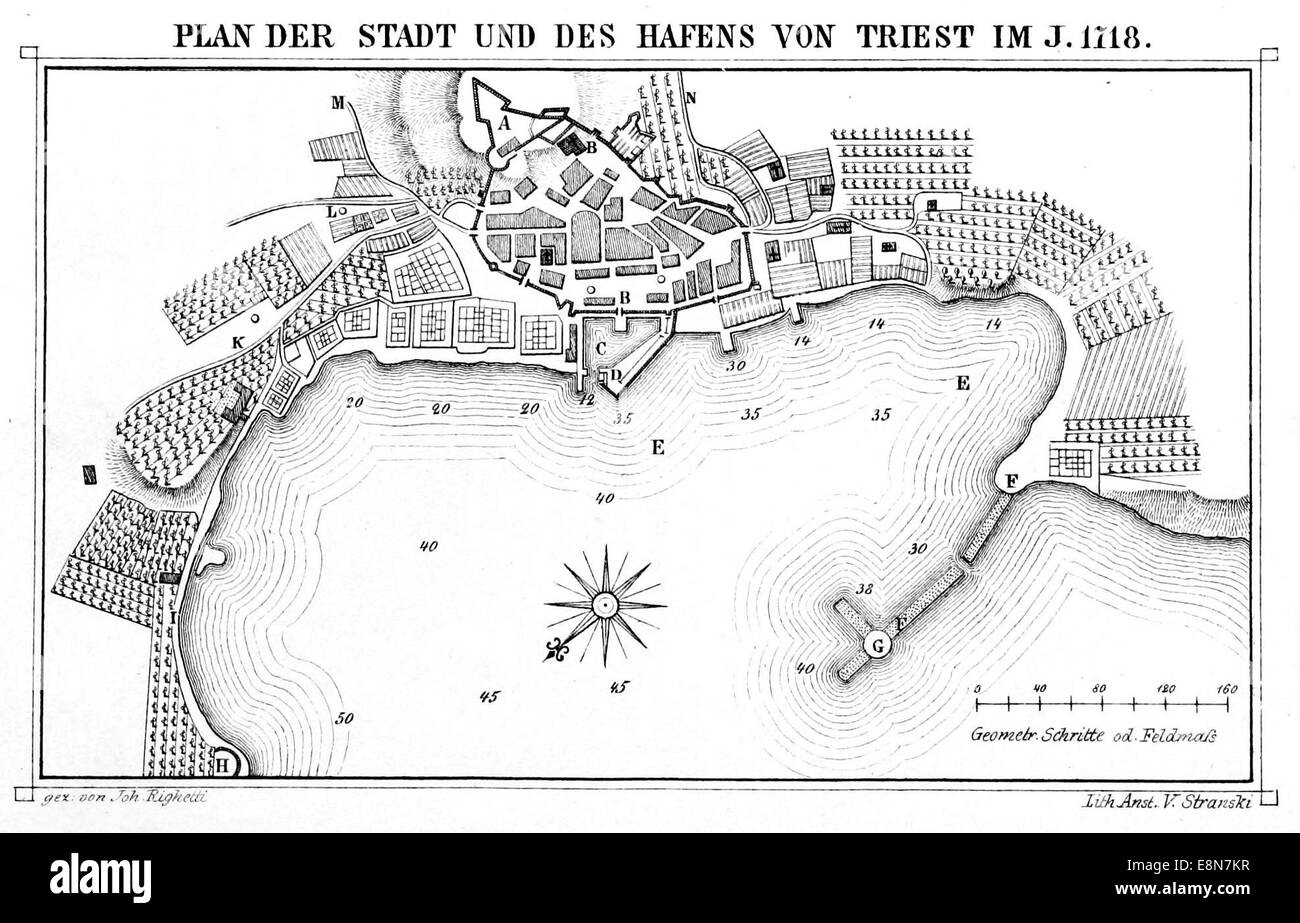 Cette carte de 1857 de Loe illustre la ville de Trieste et son port en 1718, mettant en évidence l'aménagement du port et la structure urbaine de l'époque, offrant une perspective historique sur cette importante ville portuaire italienne. Banque D'Images
