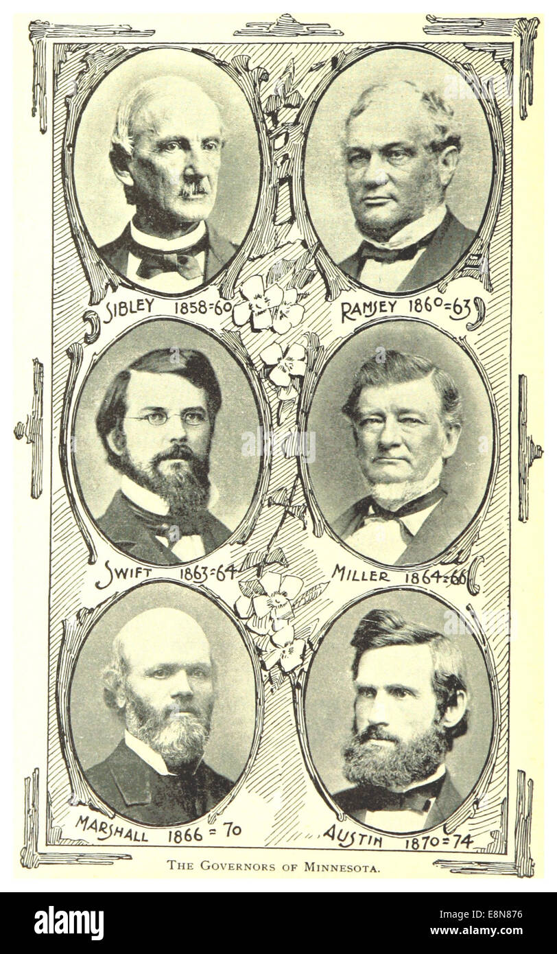Cette illustration de 1893 présente les gouverneurs du Minnesota, probablement une représentation de portraits ou une chronologie historique des dirigeants de l'État. Il met en lumière l'histoire politique du Minnesota à cette époque. Banque D'Images