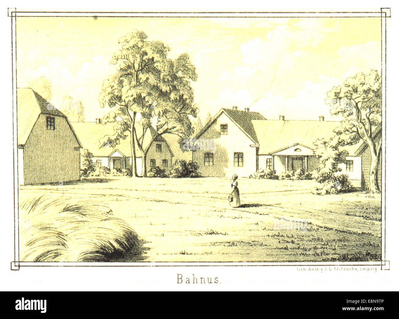 Un croquis de 1872 et une illustration de Smilten, représentant Bahnus, une région ou une localité. Le dessin est une représentation historique de la région, représentant probablement son paysage et ses caractéristiques au cours de la période. Banque D'Images