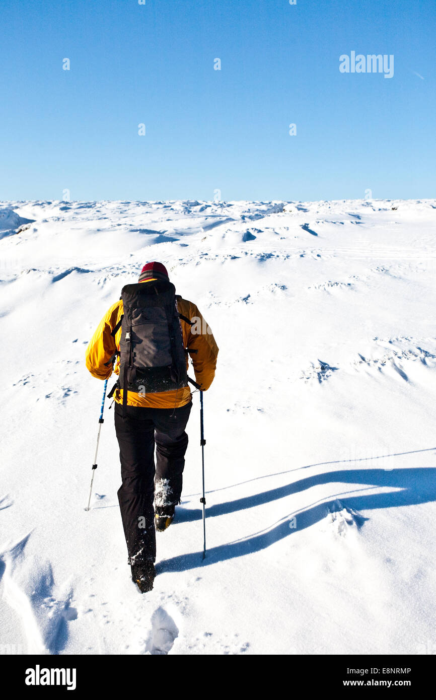 L'alpiniste la raquette sur le Plateau, dans les Kinder Peal District National Park, Derbyshire, Angleterre, Royaume-Uni Banque D'Images