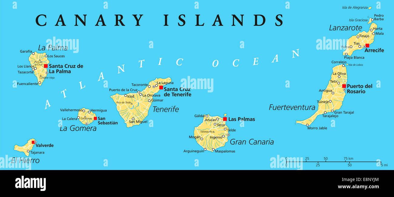 Canaries Carte politique avec Lanzarote, Fuerteventura, Gran Canaria, Tenerife, La Gomera, La Palma et El Hierro. Banque D'Images