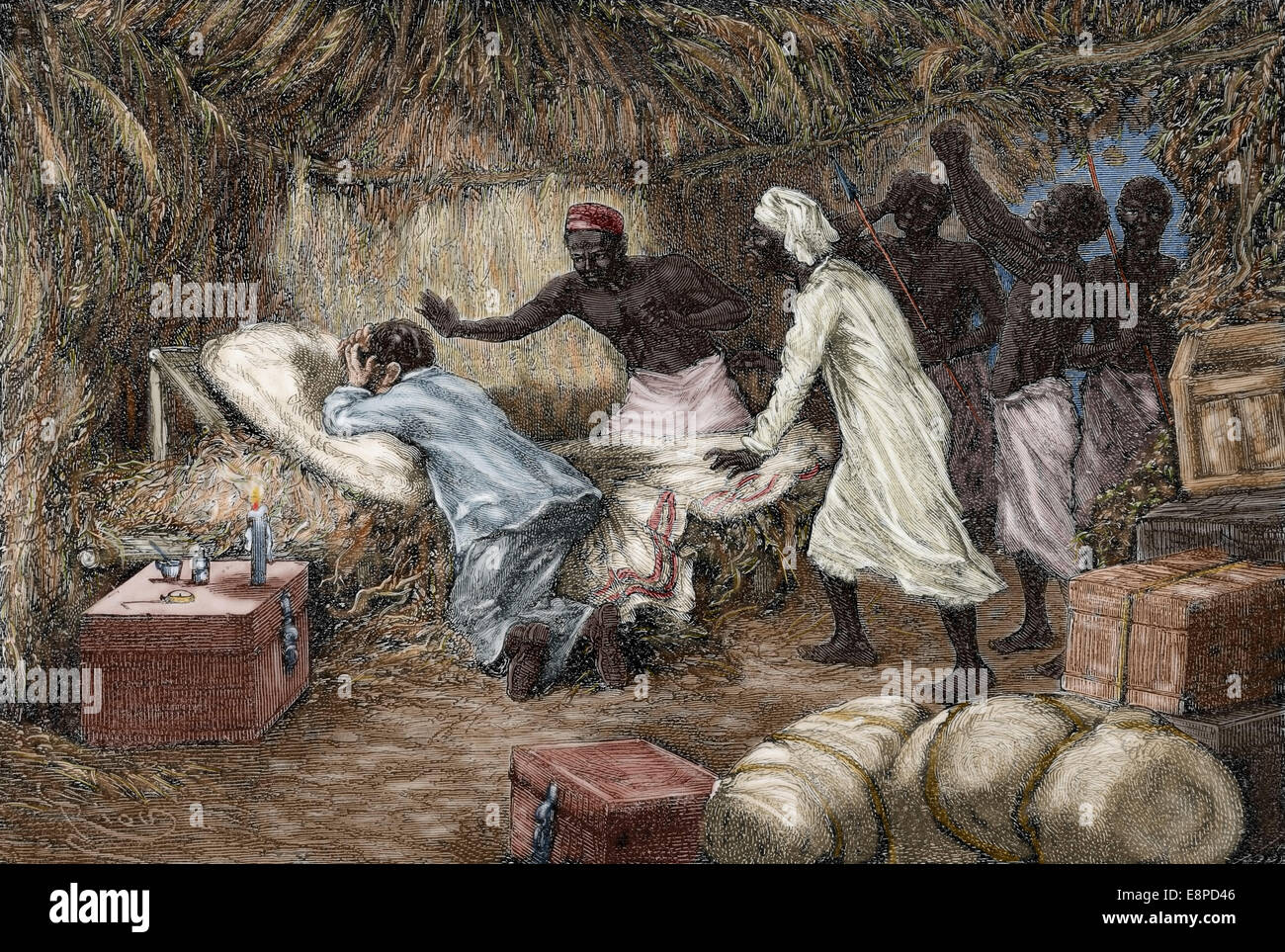 David Livingstone (1813-1873). L'explorateur écossais. La mort de Livingstone dans le village de chef Chitambo's. La gravure. De couleur. Banque D'Images