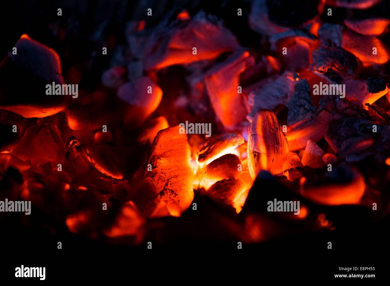 Le charbon de bois brûlant dans l'obscurité, à l'extérieur Banque D'Images