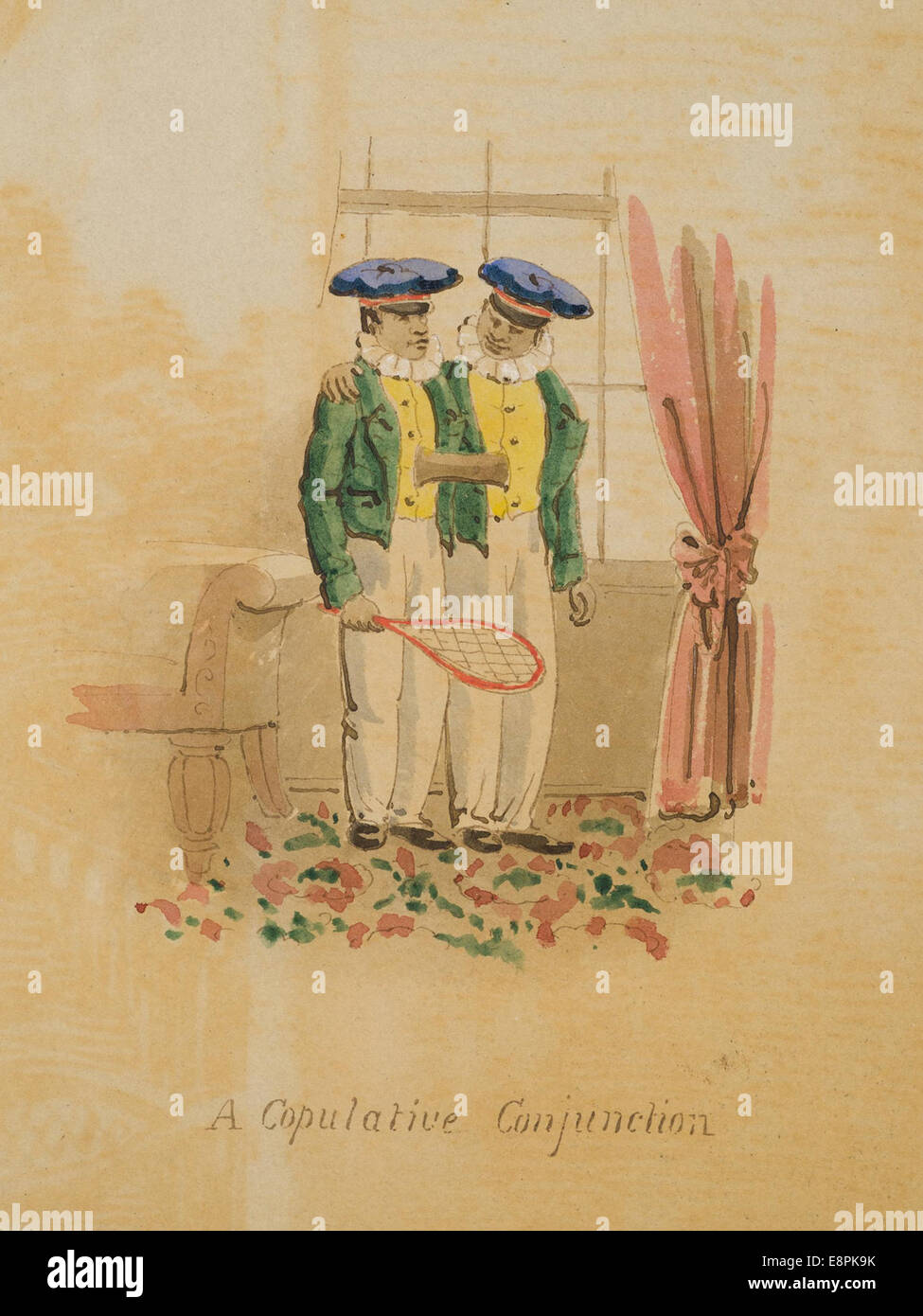 Cette image, datant d'environ 1830, montre Chang et Eng Bunker, les célèbres jumeaux Unis, posés ensemble devant une fenêtre. Un jumeau tient une raquette de badminton, soulignant leur connexion unique et leurs expériences de vie partagées. Banque D'Images